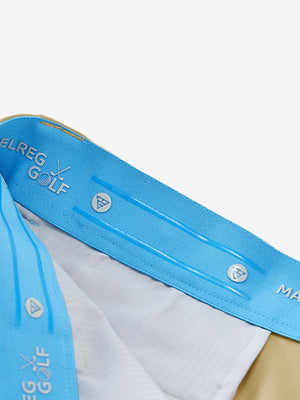 Inside waistband detail of water-resistant golf stretch nylon pants featuring maelreg logo, khaki.