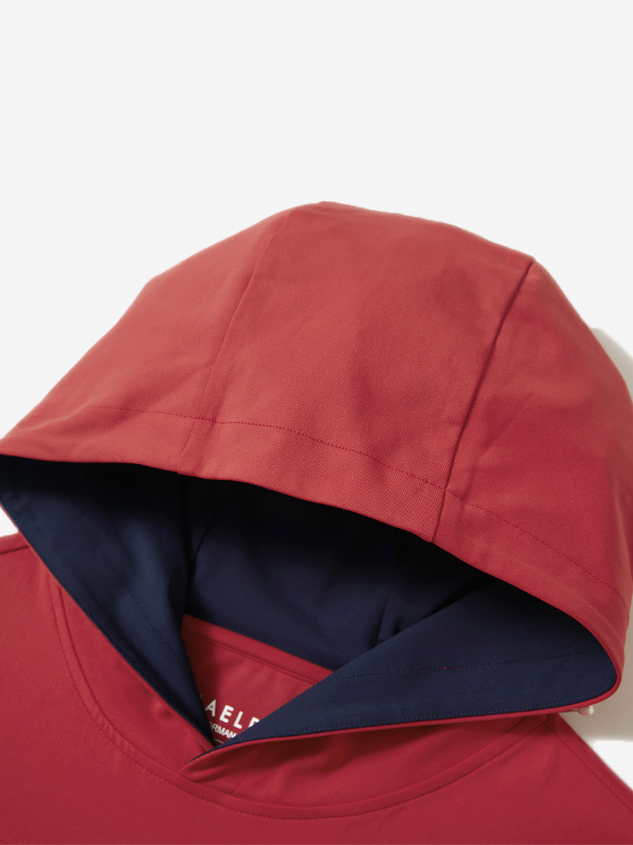 Hood detail of the red dry fit stretchy sweatshirts hoodie, showing smooth fabric and neat seams.