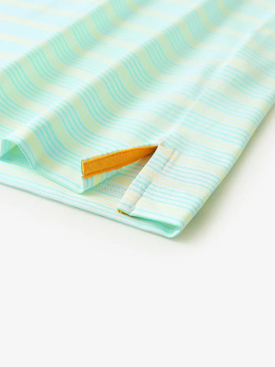Close-up of side hem slit on Aqua Blue Yellow Stripe Performance Stripe Golf Shirt