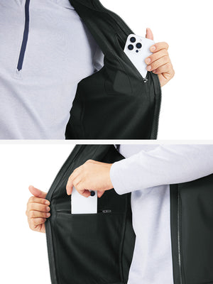 Close-up detail showing phone in the pocket of sleeveless softshell fleece outdoor vests with 6 pockets in grey