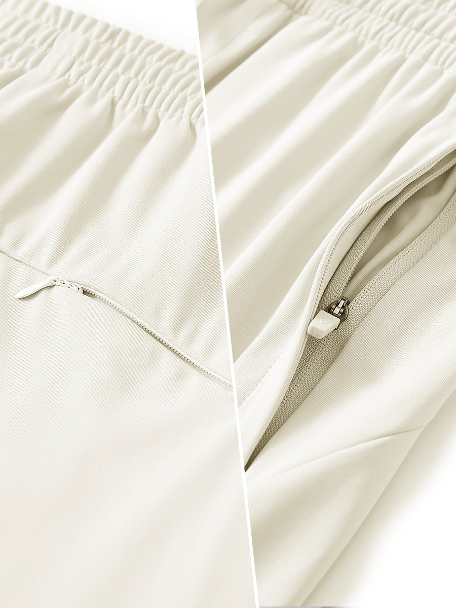 Two-part detail of lightweight women's stretchy joggers sweatpants zippers shown in cream.