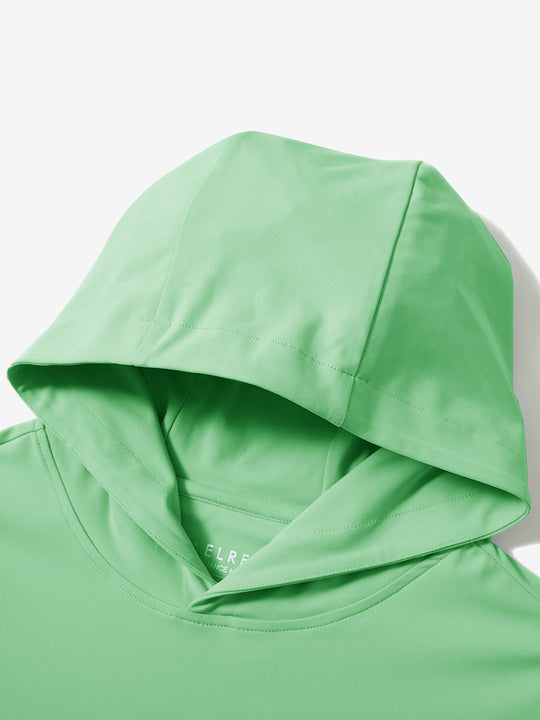 Hood detail of the light green dry fit stretchy sweatshirts hoodie, showing smooth fabric and neat seams.