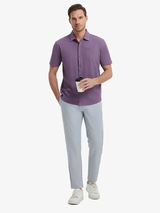 Full-body view of model holding takeaway drink cup in PURPLE Cotton Blend Plain Shirt.