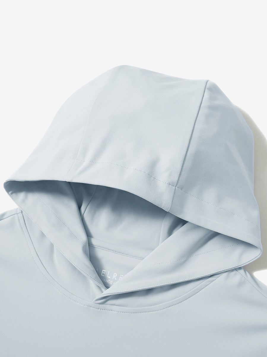 Hood detail of the misty grey dry fit stretchy sweatshirts hoodie, showing smooth fabric and neat seams.
