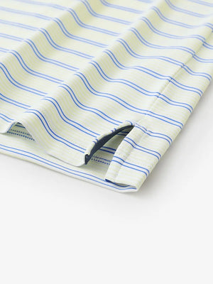 Close-up of side hem slit on Yellow Bluish Violet Stripe Performance Stripe Golf Shirt
