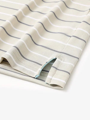 Hem slit detail of LIGHT KHAKI STRIPE Kids Stylish Stripe Polo Shirt, highlighting finish and stitching.