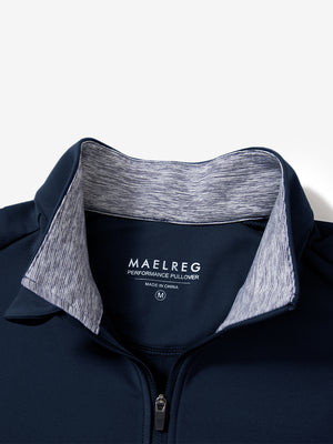 Close-up of collar and zipper on Fleece lined golf quarter zip in refined navy