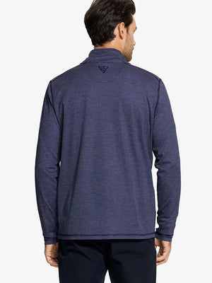 Back half-body view of model in Pinstripe Quarter Zip Pullover, showing back detail – NAVY MELANGE