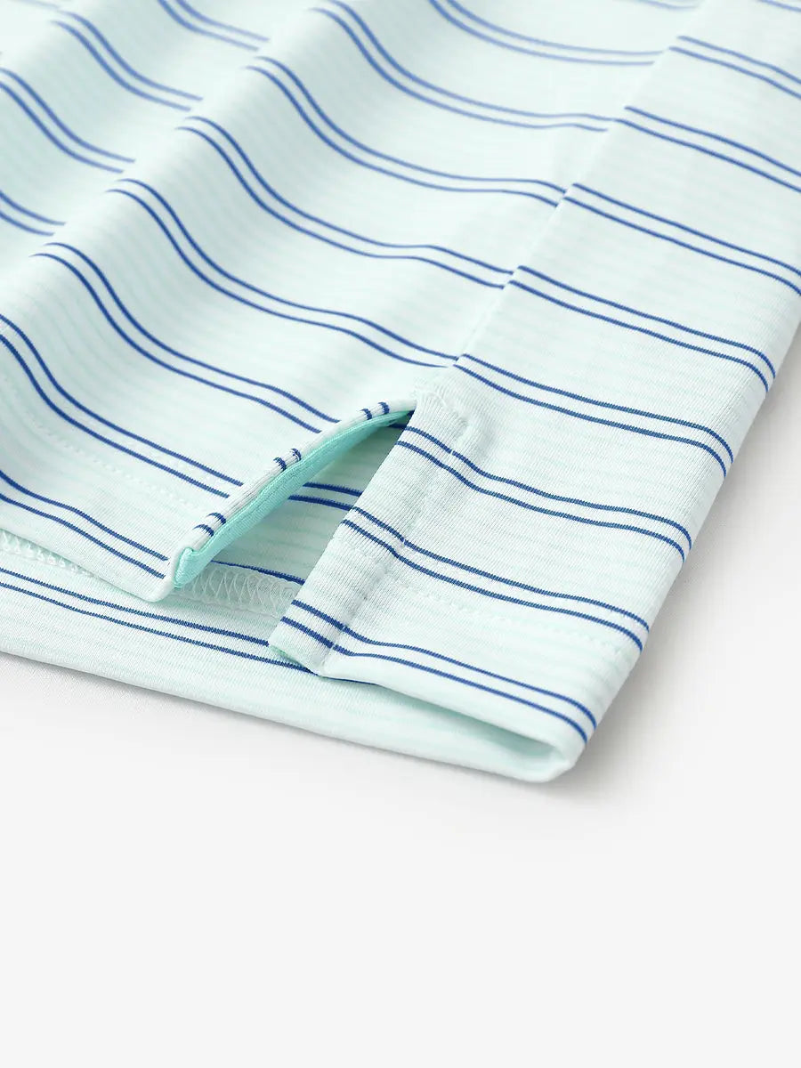 Close-up of side hem slit on Light Blue Cobalt Stripe Performance Stripe Golf Shirt