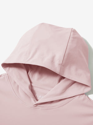 Hood detail of the light pink dry fit stretchy sweatshirts hoodie, showing smooth fabric and neat seams.