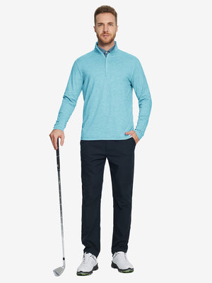 Man wearing Heather Pinstripe Brushed Dry Fit Quarter Zip Pullover in aquarius heather, holding golf club on course