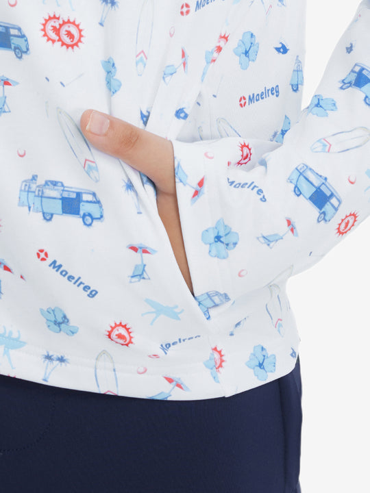 Model with both hands in pockets wearing youth full print stylish hoodies pullover in white cartoon toy.