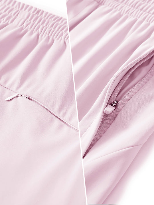 Two-part detail of lightweight women's stretchy joggers sweatpants zippers shown in light purple.