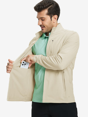 Close-up of hand in pocket on lightweight casual fleece jacket with 5 pockets, light khaki fabric detail