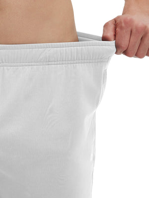 Detail view showing waist stretch on white breathable running shorts with 4 zipper pockets