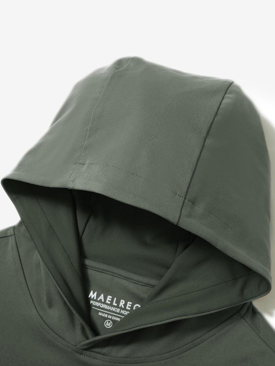 Hood detail of the olive green dry fit stretchy sweatshirts hoodie, showing smooth fabric and neat seams.