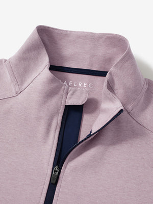 Close-up collar detail of red two tone pique cotton blend q-zip with subtle logo