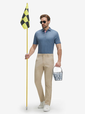 Model holding golf flag and bucket in Performance quick dry print golf polos, fresh light blue navy circles vibe