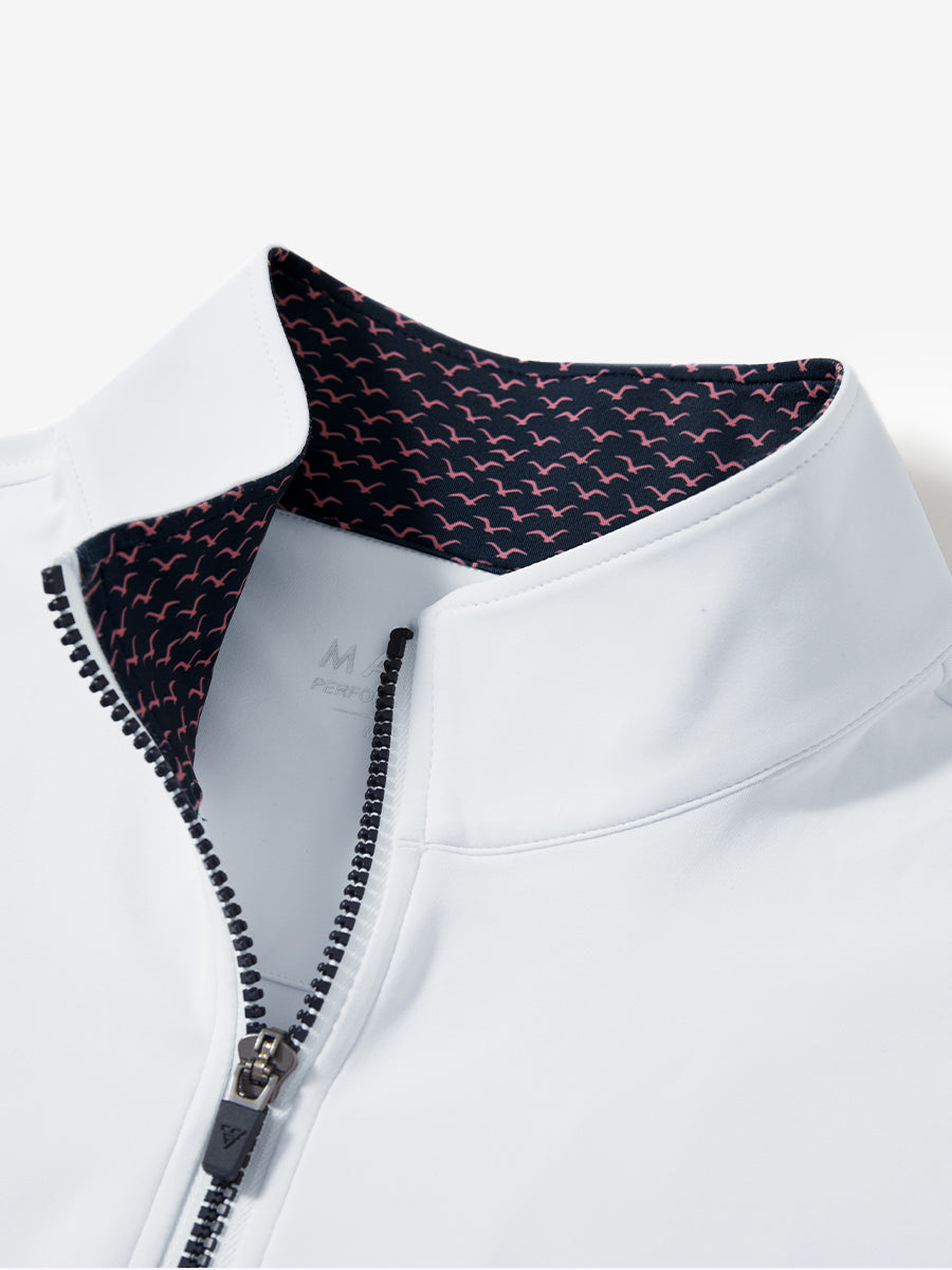 Collar zipper and inner neck pattern detail of the lightweight golf quarter zip pullover in white.
