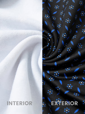 Fabric close-up of trendy print fleece hoodies, plush texture with warm navy flowerlet feel