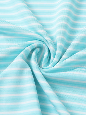 Close-up of aqua blue stripe sport fit stripe polo fabric showing crisp horizontal stripes and smooth, breathable texture.
