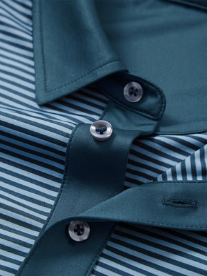 Detail: collar opening of blue denim stripe upgraded two-tone striped quick dry polo shirt
