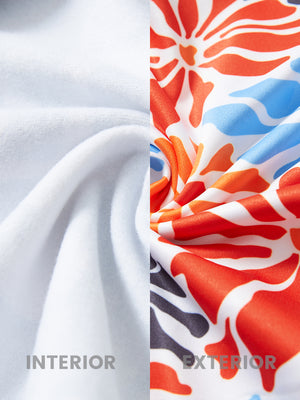 Close-up of the inner and outer fabric of youth full print stylish hoodies pullover in colorful flower, showing texture and finish