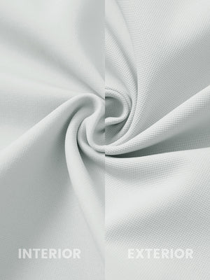 Close-up of fabric on water-resistant zip up golf jacket, showing texture and finish in silver grey.