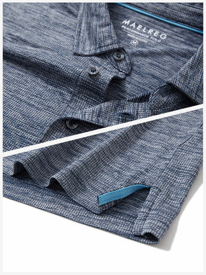 Detail shot of collar and hem of misty blue white grid ultra-light quick dry moisture wicking collared polo shirt