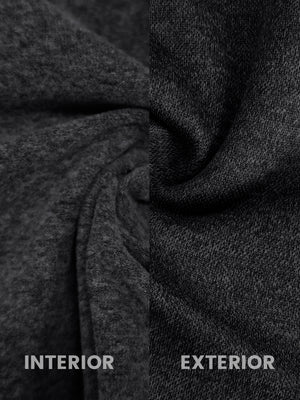 Close-up of dark grey heather classic heather fleece hoodie fabric showing soft, brushed interior and textured exterior.