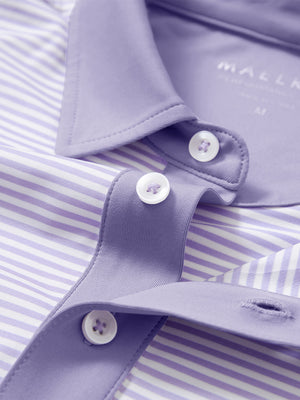 Detail: collar opening of lavenderwhite stripe upgraded two-tone striped quick dry polo shirt.