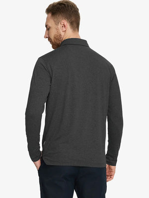 Dark Grey Heather Skin-friendly Long Sleeve Melange Polo – back half-body view on model