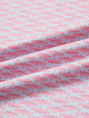Close-up of pink small fish full print lightweight quarter zip pullover fabric, soft and breathable texture