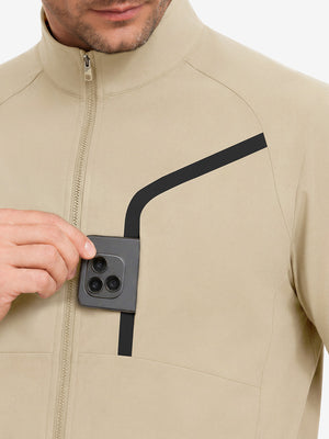Display of outer pocket design feature, lightweight upf50+ short sleeve golf vests jacket in khaki