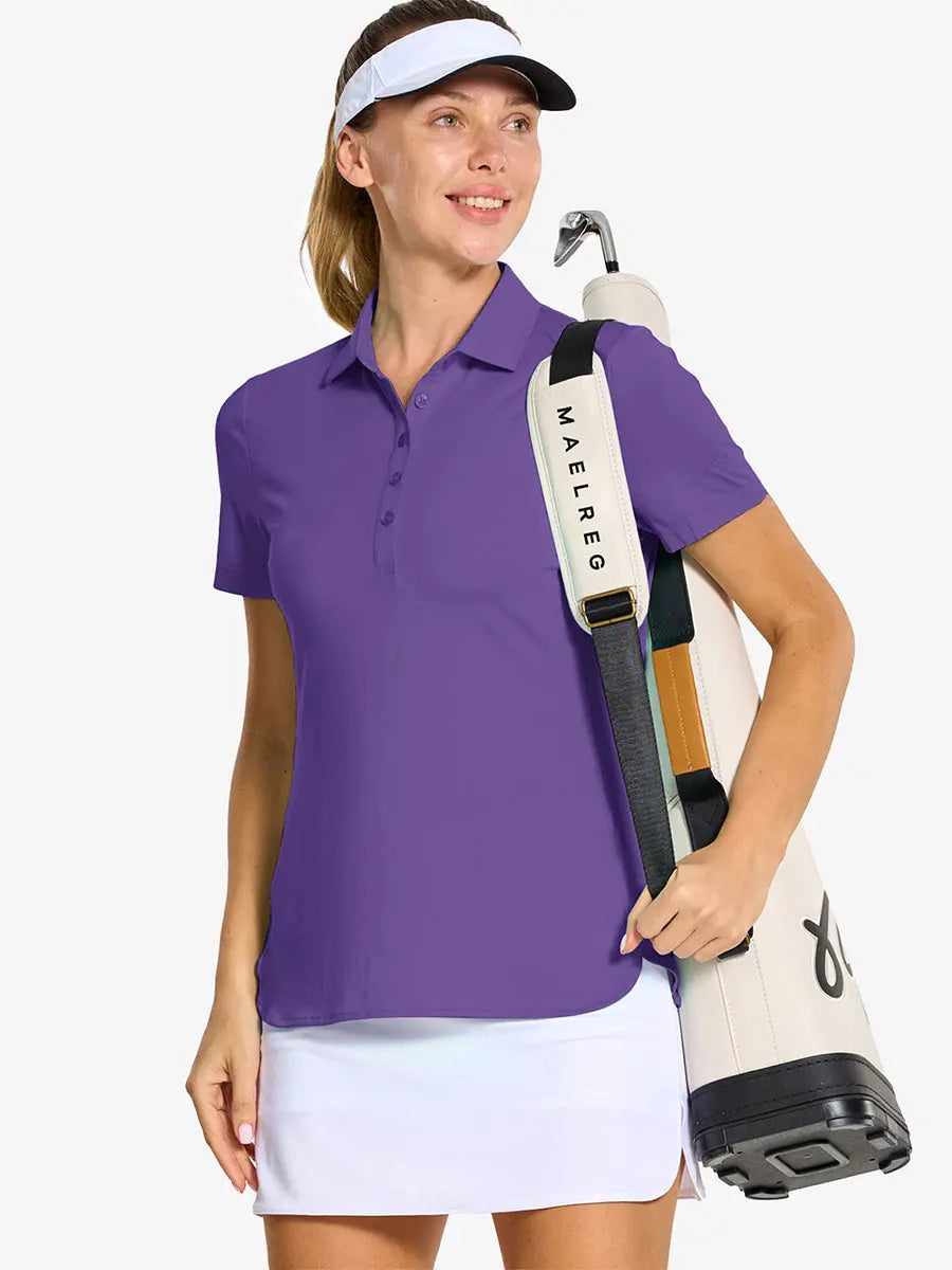 Front half-body of model in PURPLE Women's Performance Solid Polo holding golf club