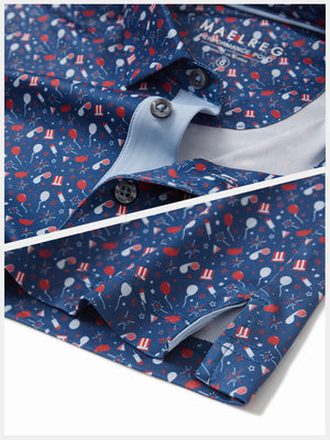 Detail: collar and hem slit of american elements performance print boys golf polo