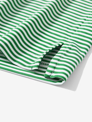Detail: hem slit of emerald stripe upgraded two-tone striped quick dry polo shirt
