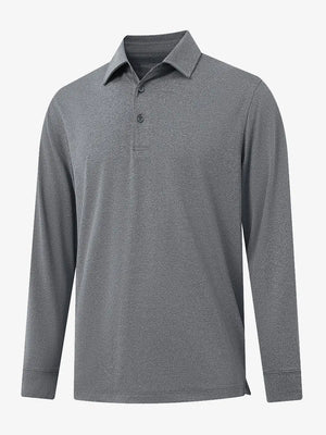 Black Grey Heather Skin-friendly Long Sleeve Melange Polo – 3D flat shirt display