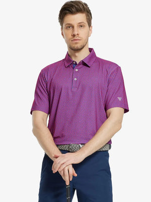 MAELREG Men's Performance Jersey Print Polo in Purple Red Buffalo – front half-body with golf pose