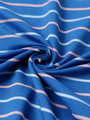 Fabric close-up of trendy boys stripe polo shirts, soft texture and breathable blue stripe feel