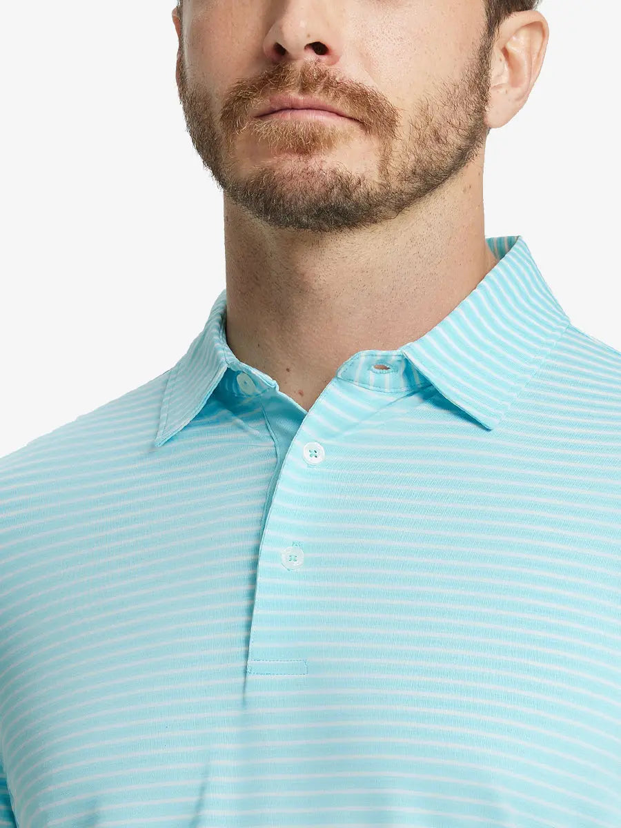 Front close-up shot of model from nose to chest wearing Sport Fit Stripe Polo in Aqua Blue Stripe