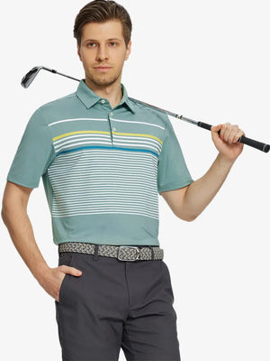 Front half-body golf pose in Chest Print Polo Shirts, shown in Beryl Green