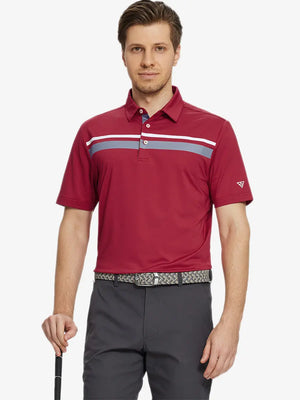 Model posing with golf club in Red Chest Print Polo Shirts