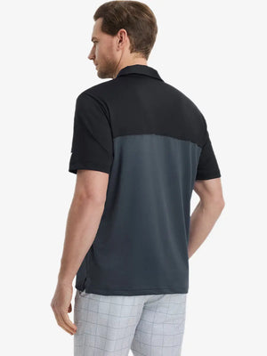 Back half-body view wearing BLACKDARK GREY Premium Performance Polo