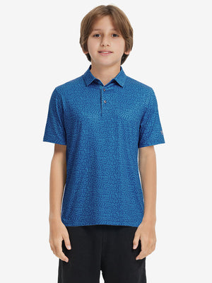 Front half-body shot of youth in blue graffiti performance print boys golf polo, highlighting design and fit