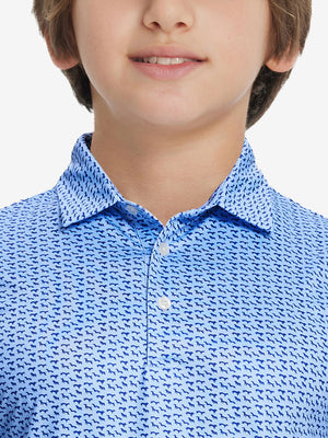 Collar close-up of Stylish print boys polo shirts with neat stitching in bluejay navy dogs