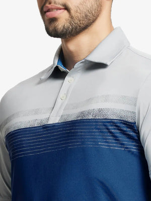 Front view from nose to chest in BLUE Premium Performance Polo