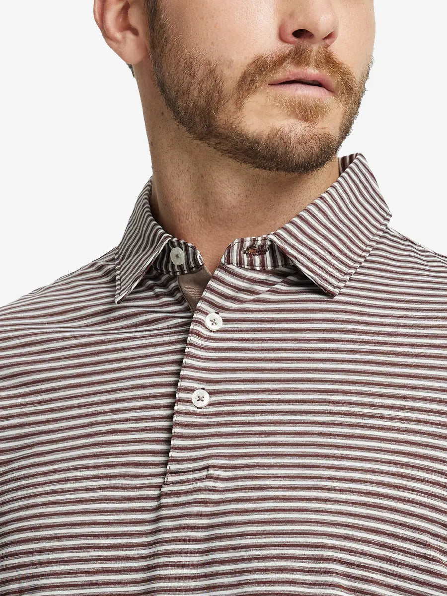 Front close-up shot of model from nose to chest wearing Sport Fit Stripe Polo in Brown Stripe