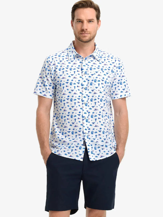 Front half-body view wearing DREAMY STARRY SKY Stylish Printing Summer Shirt.