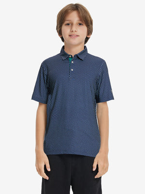 Model front upper body wearing Stylish print boys polo shirts in fresh green seahorse style